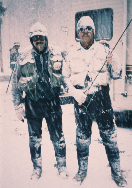 Roger, Ron and Dennis, covered with snow, at Madison Junction campground in Yellowstone National Park.